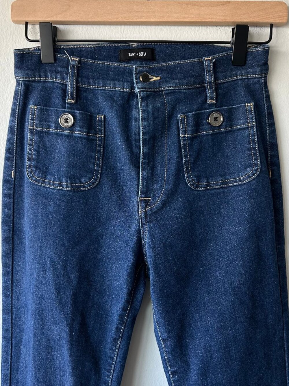 Saint + Sofia Bowie Flare Jeans Dark Wash Patch Pocket Stretch Women Size 26 - Picture 4 of 11